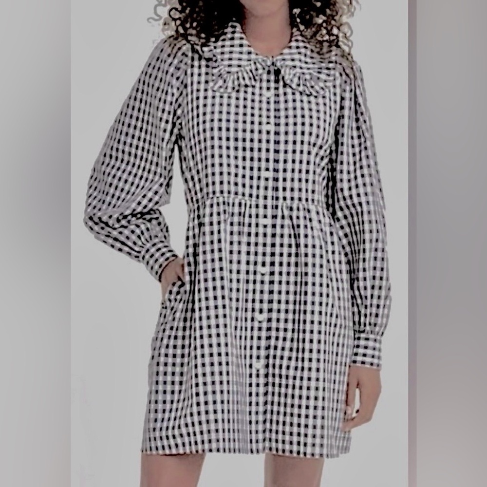Levi’s Blue & White Plaid Shirt Dress Ballon Sleeves Cotton Front Button Size S